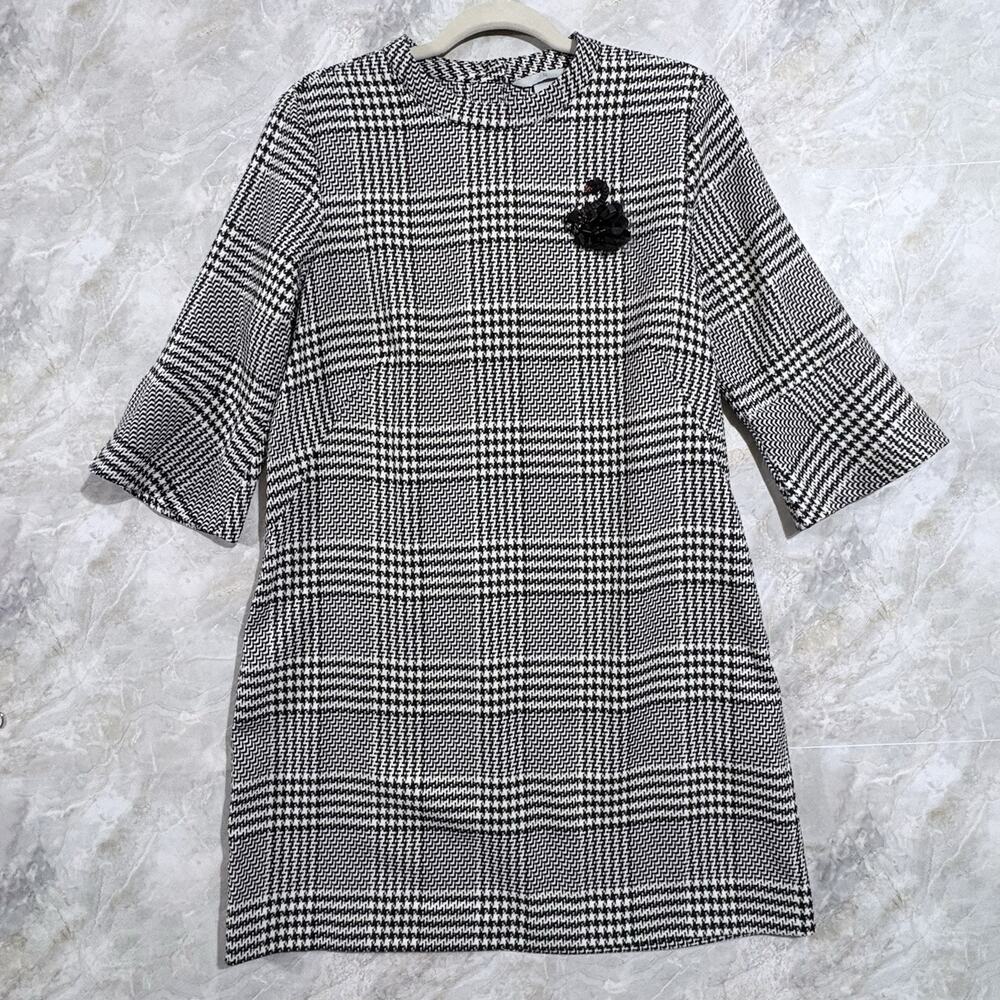H&M Preppy Classic Gray Plaid Bell Sleeve Swan Brooch Dress US Size 12